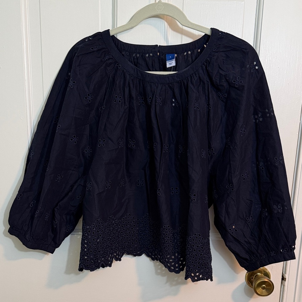 NWT Old Navy Dark Blue Eyelet Blouse Size L